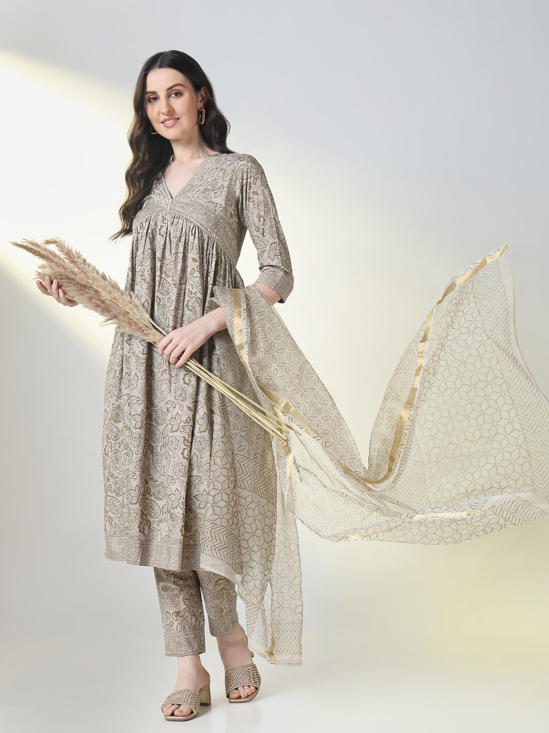 Women Grey Graphic A Line Kurta Set with Dupatta