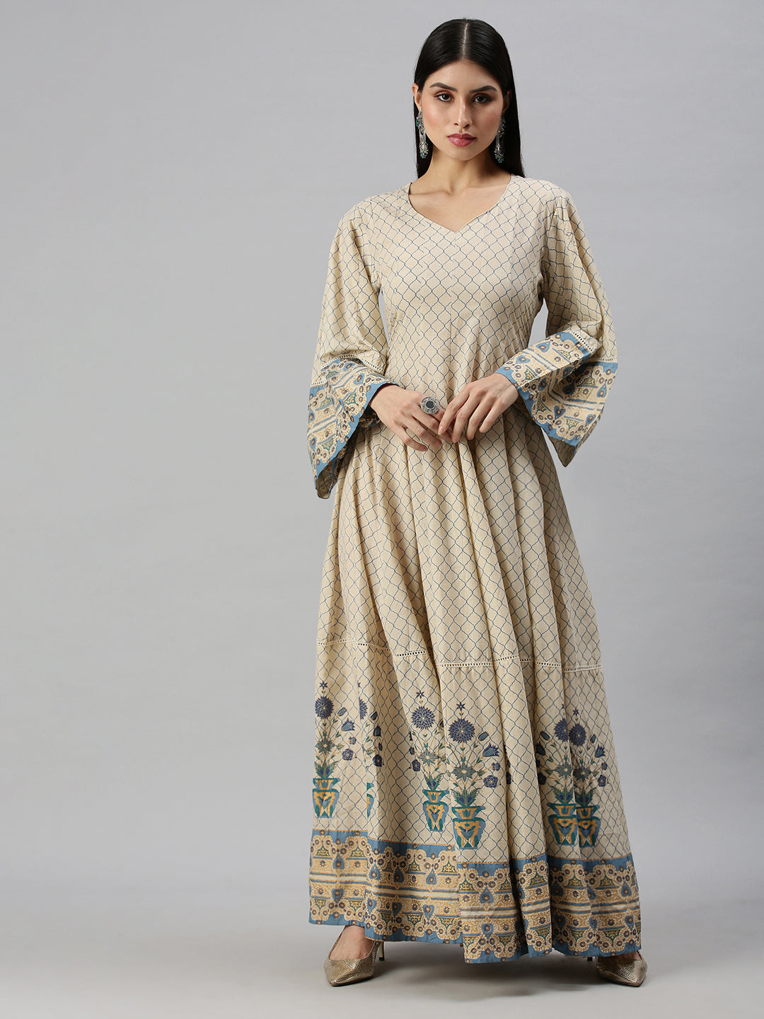 Women V-Neck Geometric Off White Anarkali Kurta