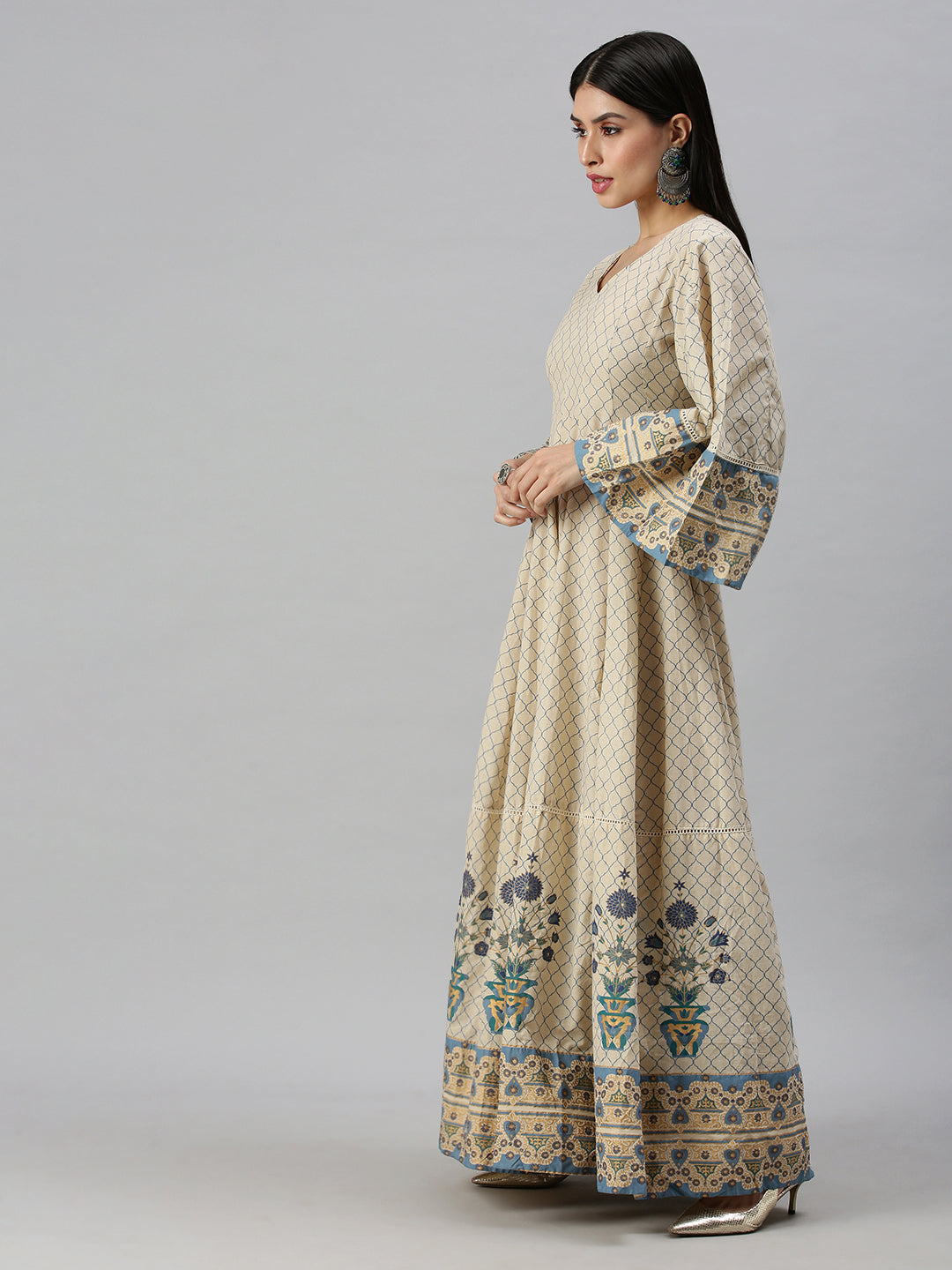 Women V-Neck Geometric Off White Anarkali Kurta