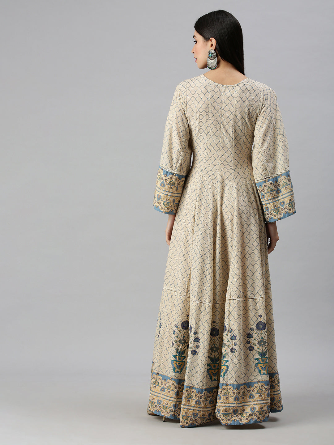 Women V-Neck Geometric Off White Anarkali Kurta