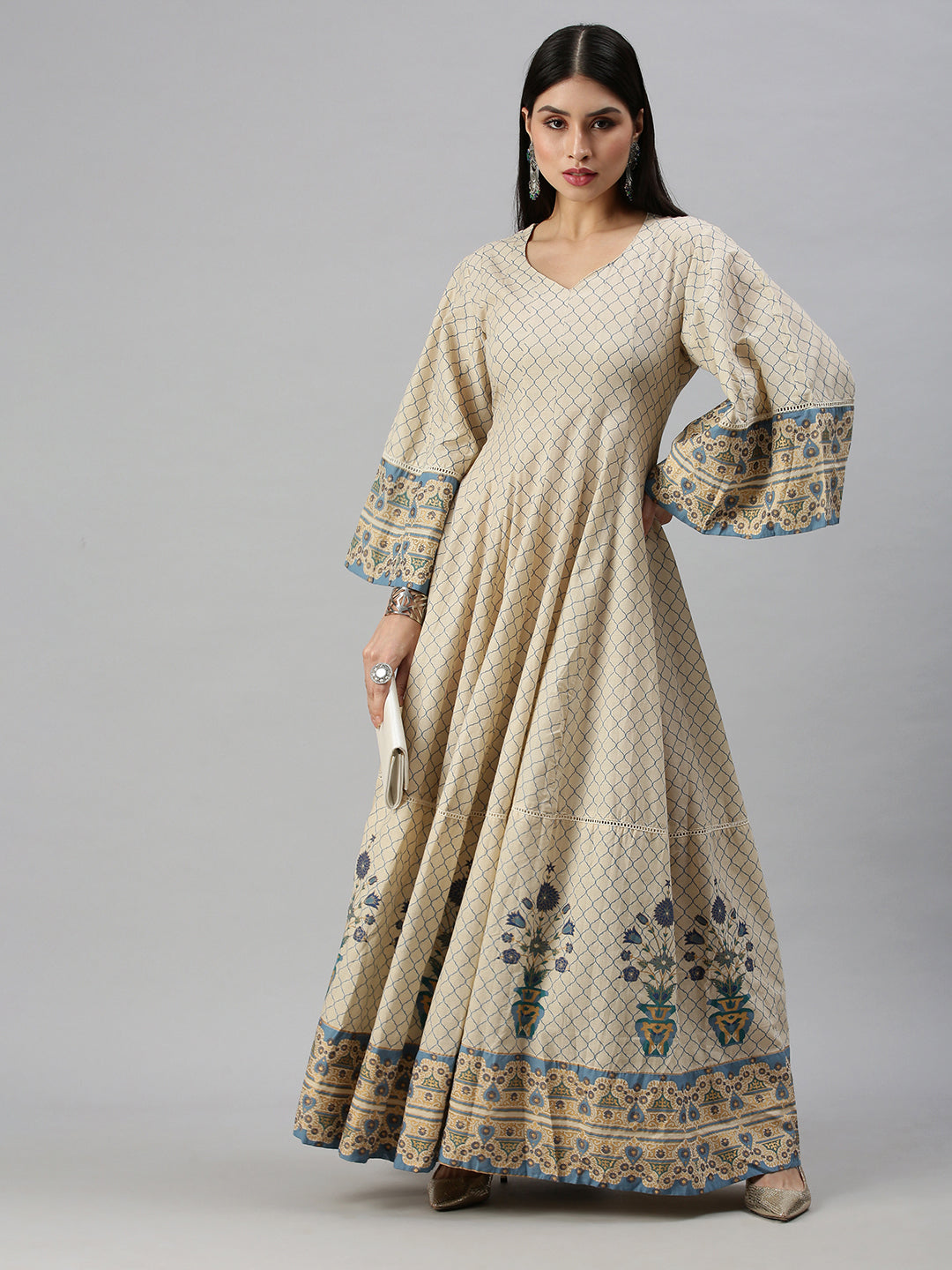 Women V-Neck Geometric Off White Anarkali Kurta