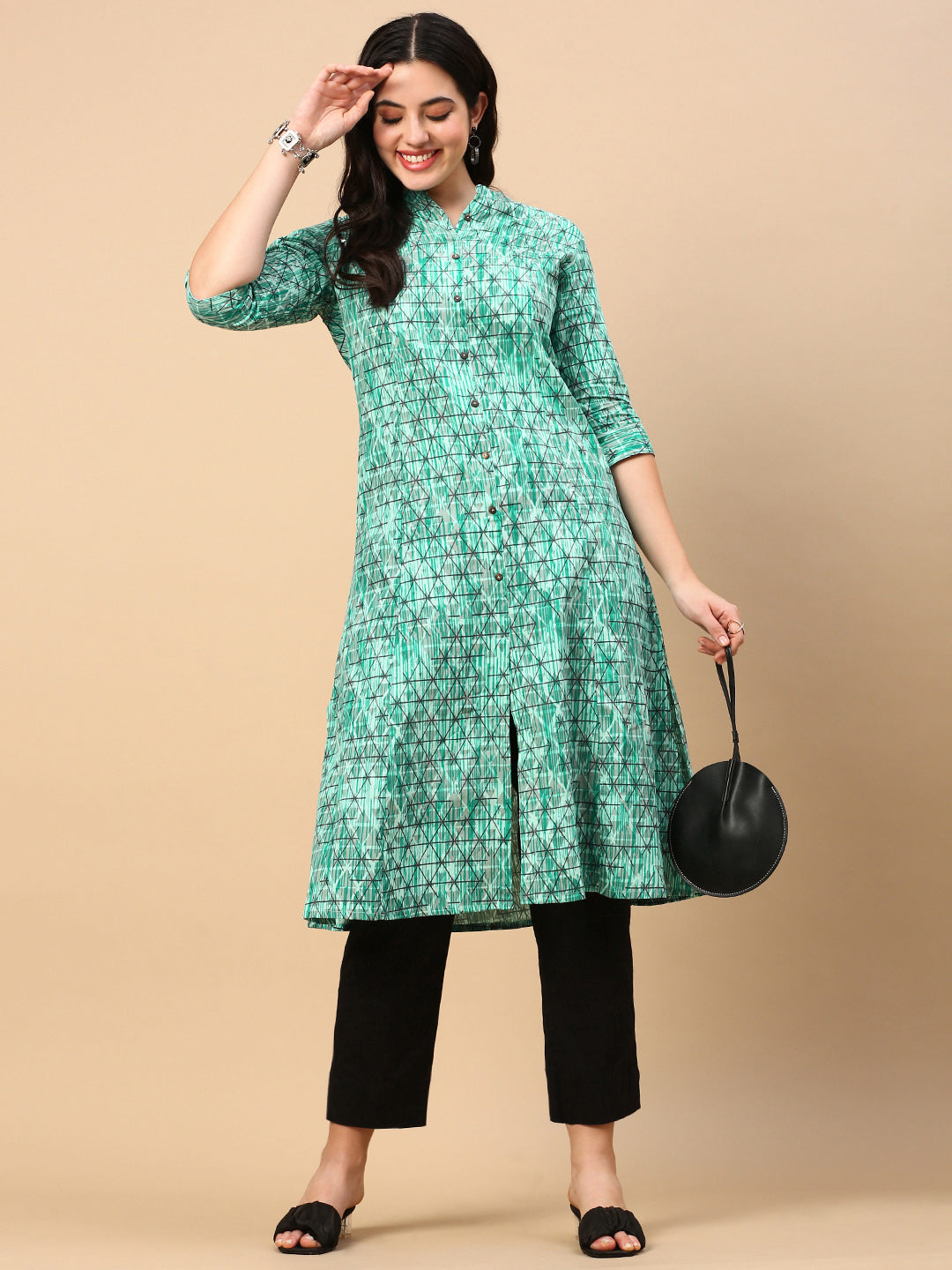 Women Turquoise Blue Geometric A Line Kurta