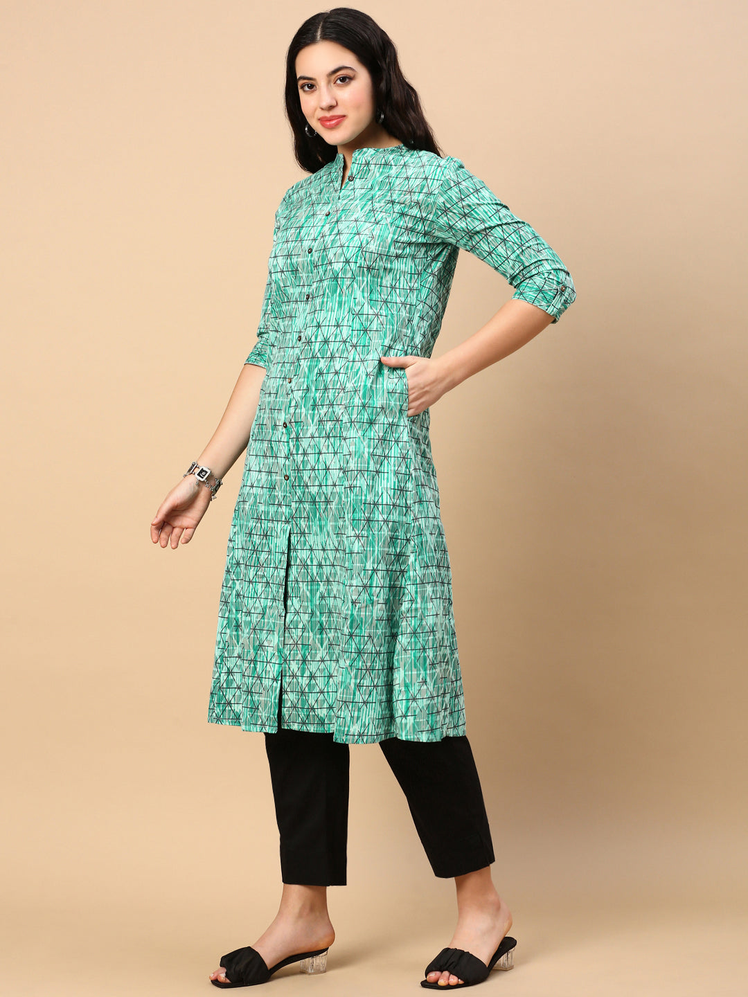 Women Turquoise Blue Geometric A Line Kurta