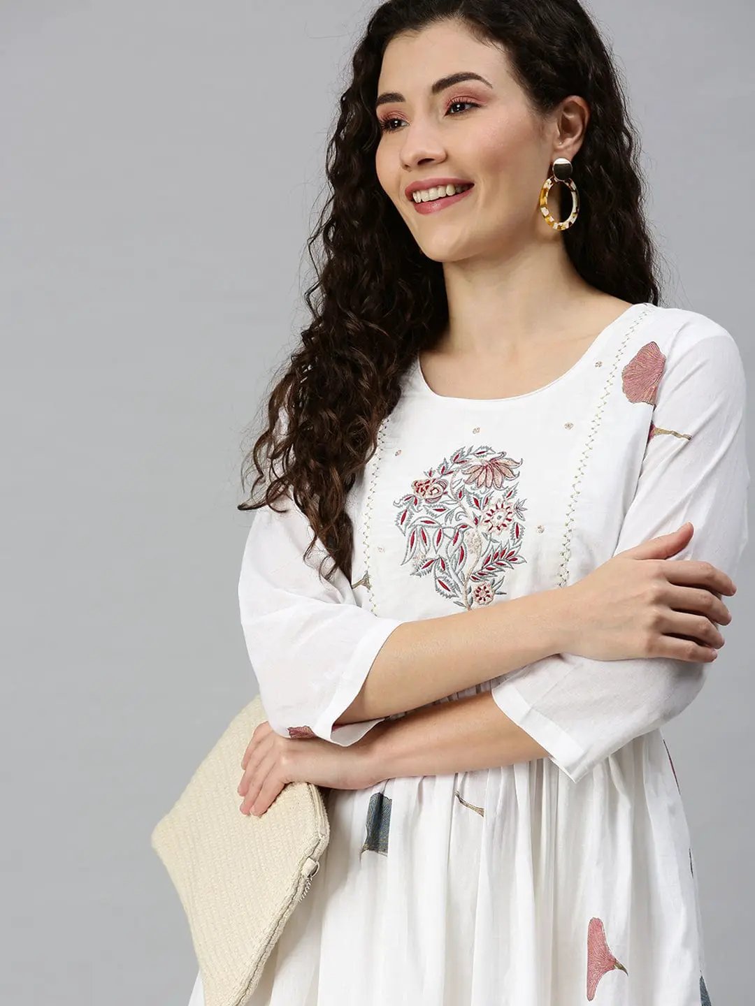 Women's Printed White Anarkali Kurta