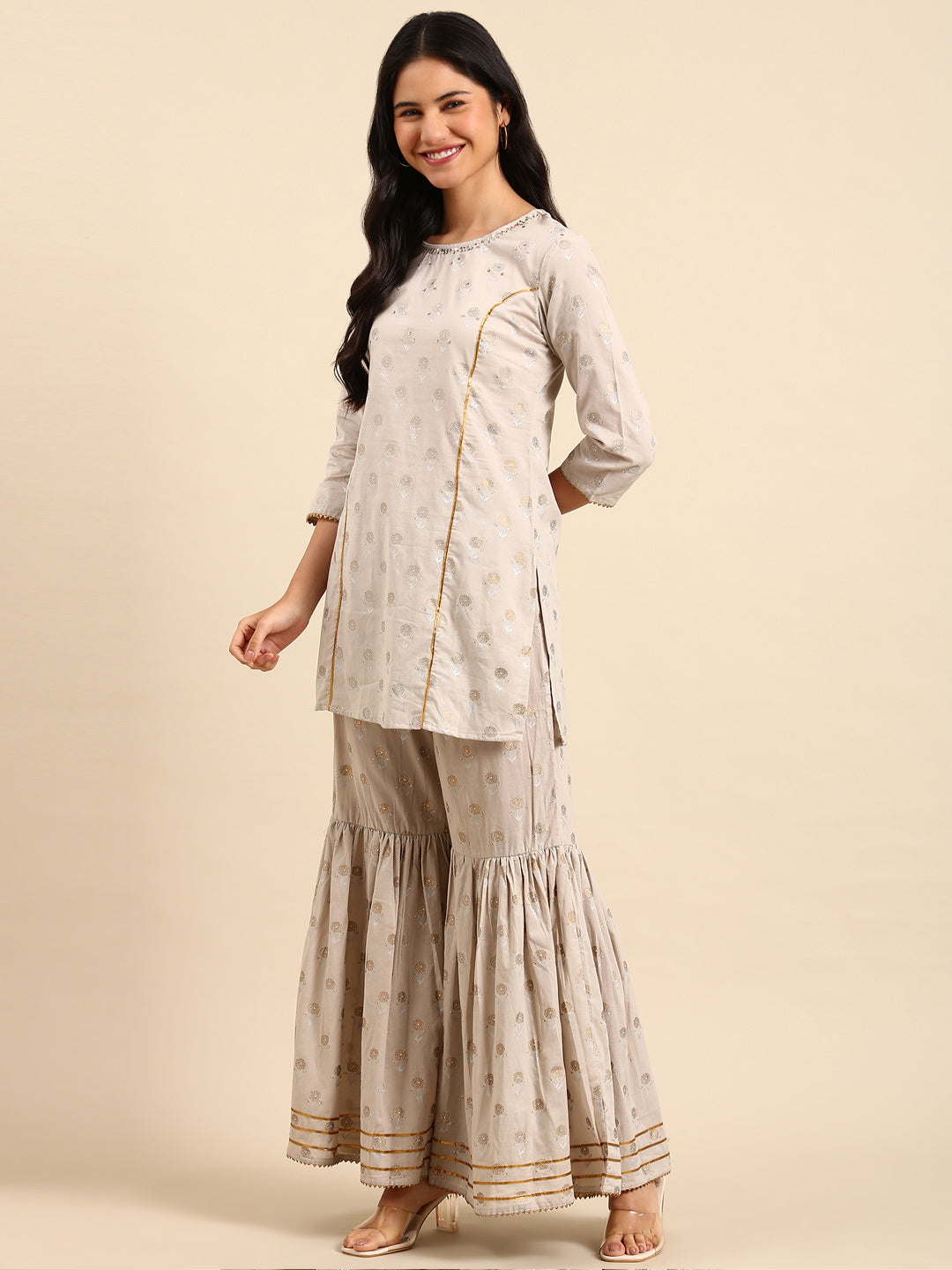 Women Floral Cream Straight Kurta Set with Dupatta