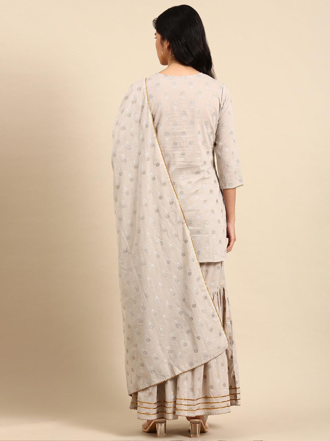 Women Floral Cream Straight Kurta Set with Dupatta