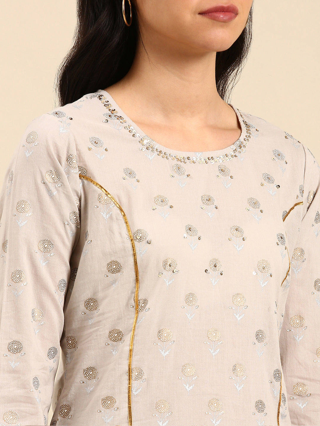 Women Floral Cream Straight Kurta Set with Dupatta