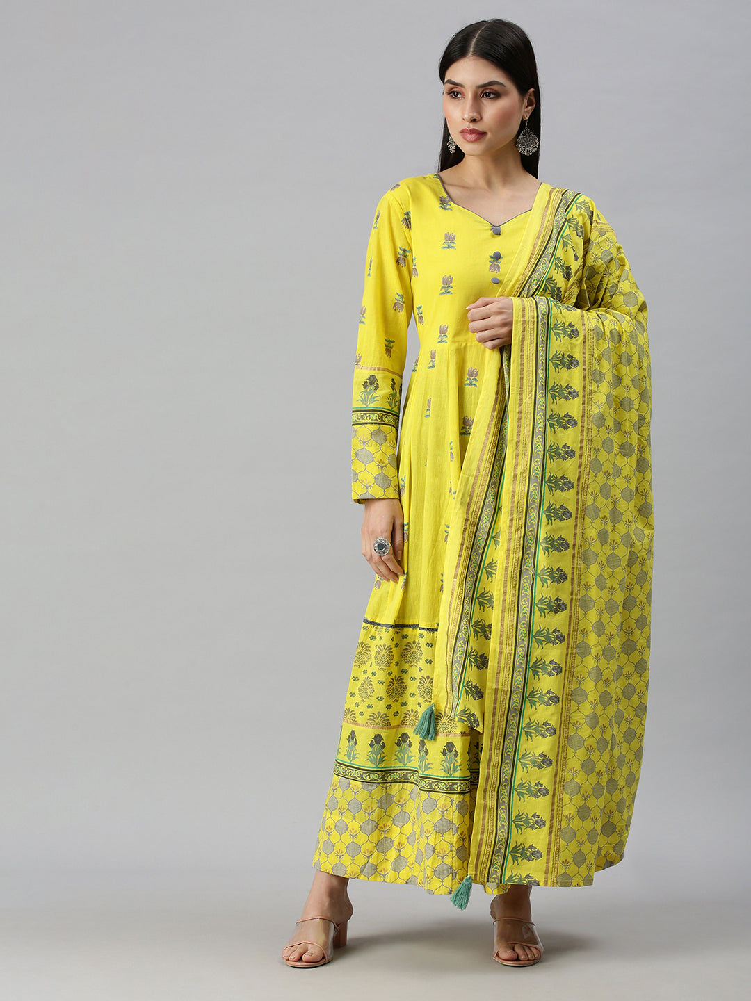 Women V-Neck Floral Yellow Anarkali Kurta and Trouser