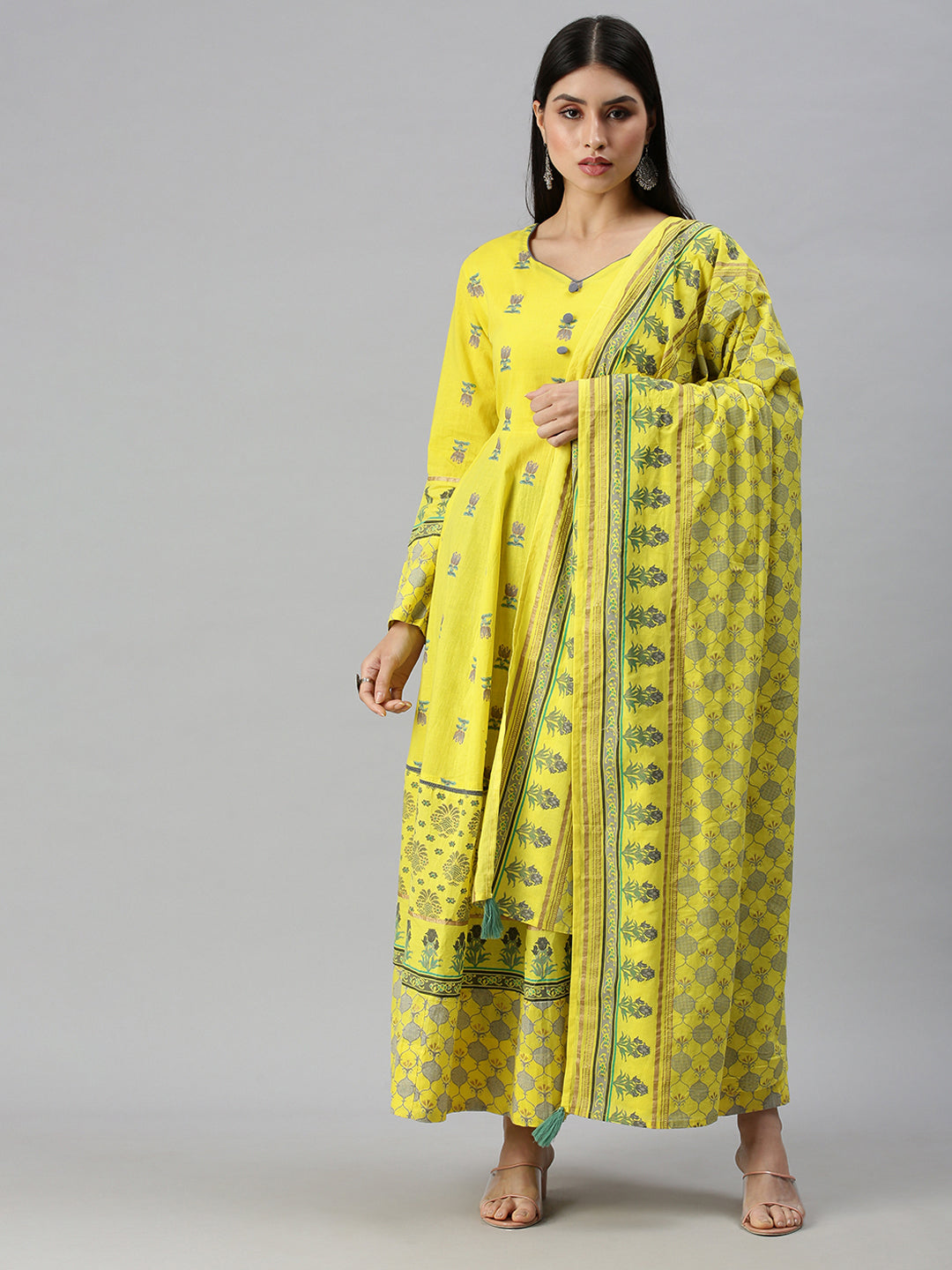 Women V-Neck Floral Yellow Anarkali Kurta and Trouser