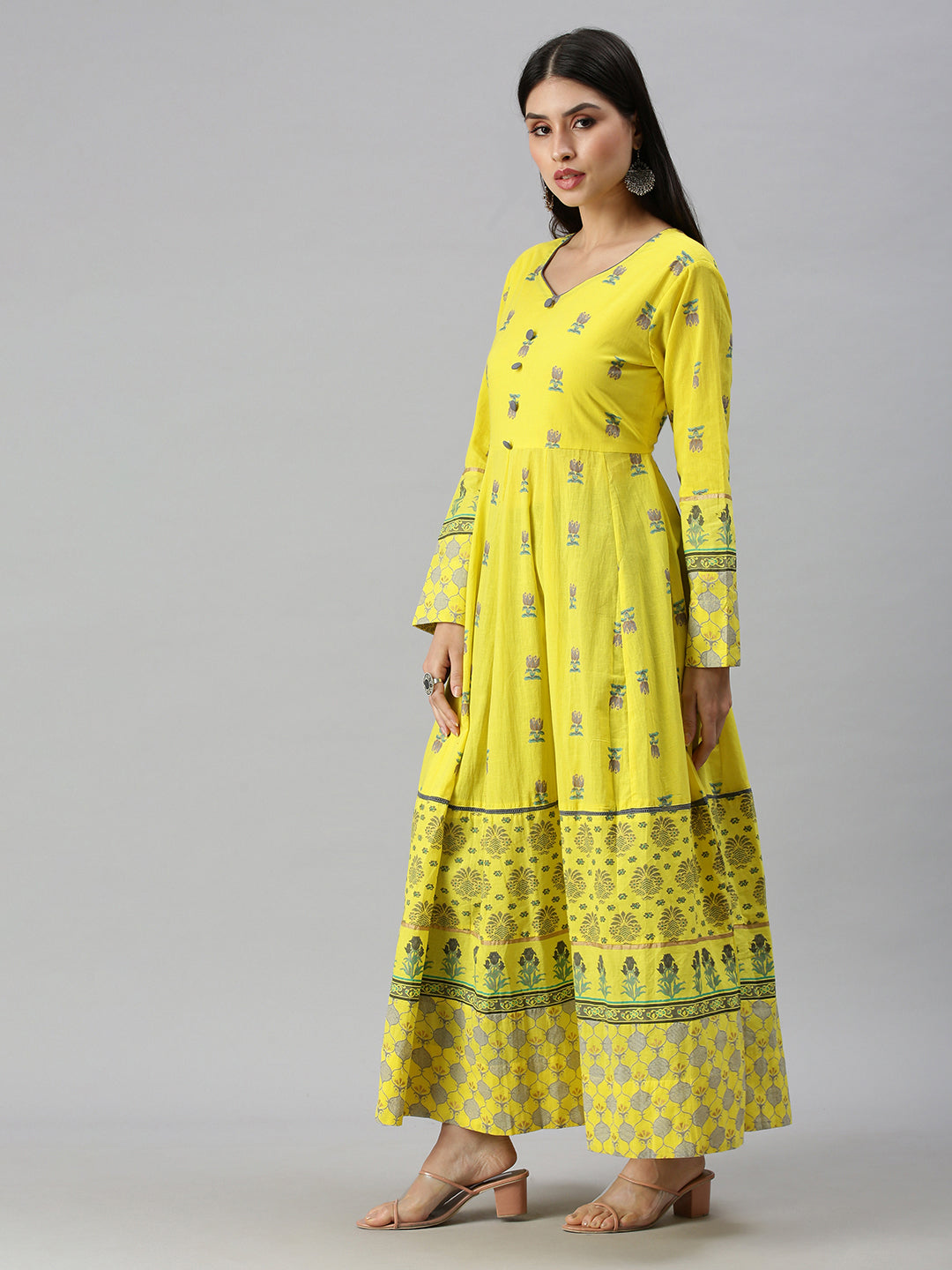 Women V-Neck Floral Yellow Anarkali Kurta and Trouser