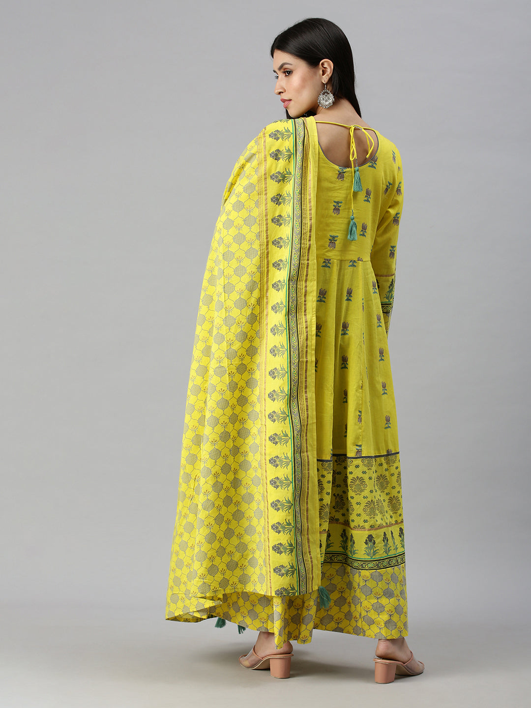 Women V-Neck Floral Yellow Anarkali Kurta and Trouser