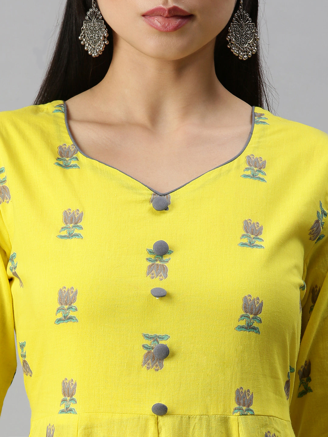 Women V-Neck Floral Yellow Anarkali Kurta and Trouser