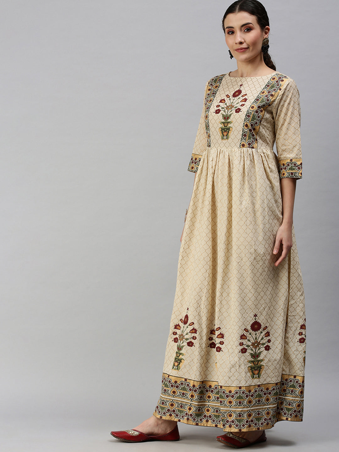 Women Printed Beige Anarkali Kurta