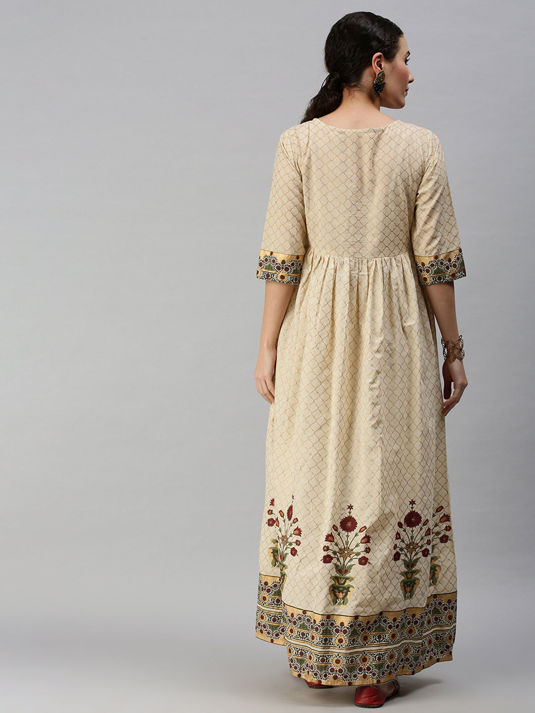 Women Printed Beige Anarkali Kurta