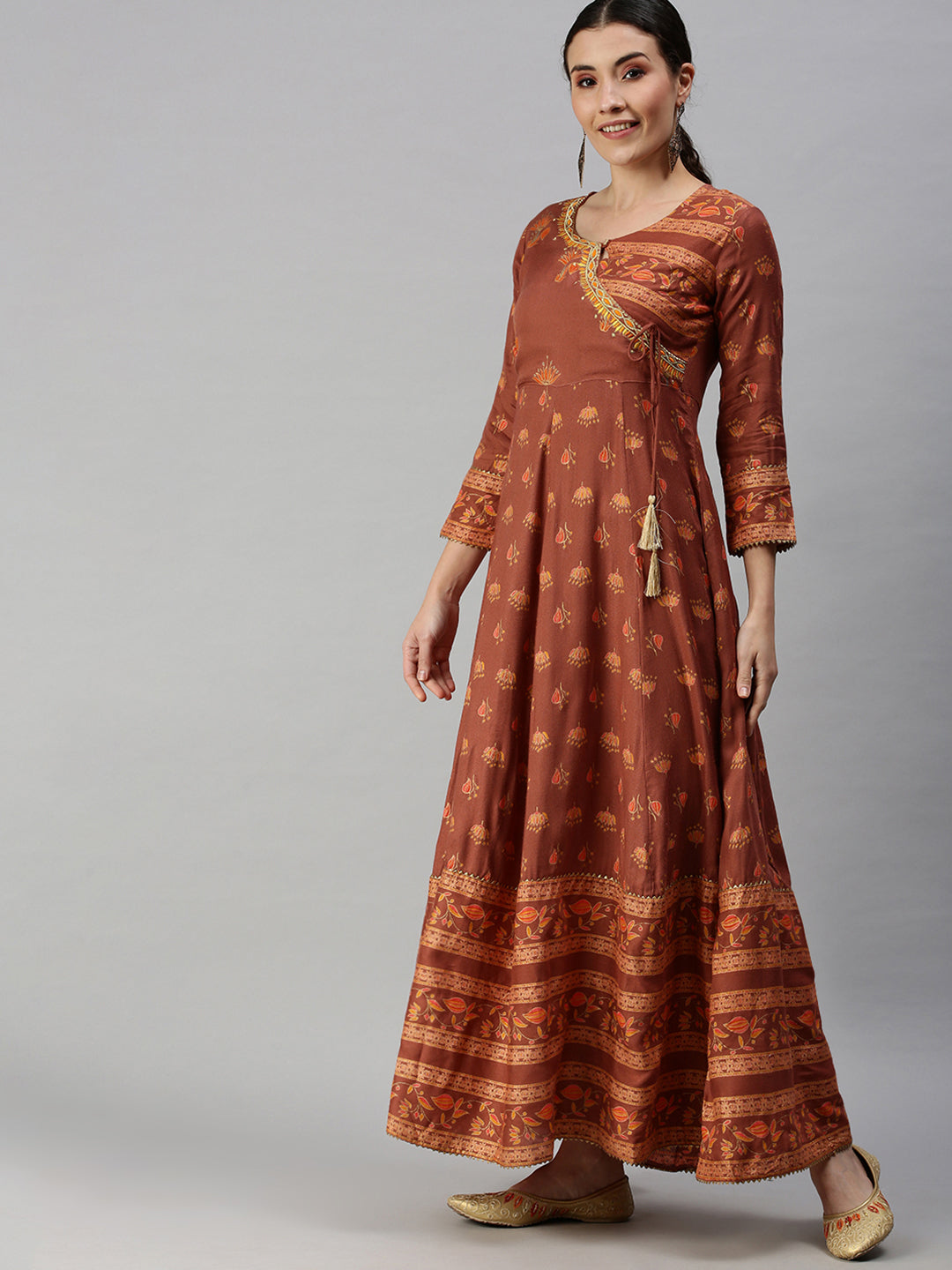 Women V-Neck Printed Rust Anarkali Kurta