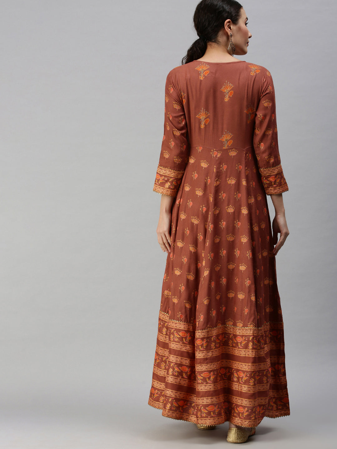 Women V-Neck Printed Rust Anarkali Kurta