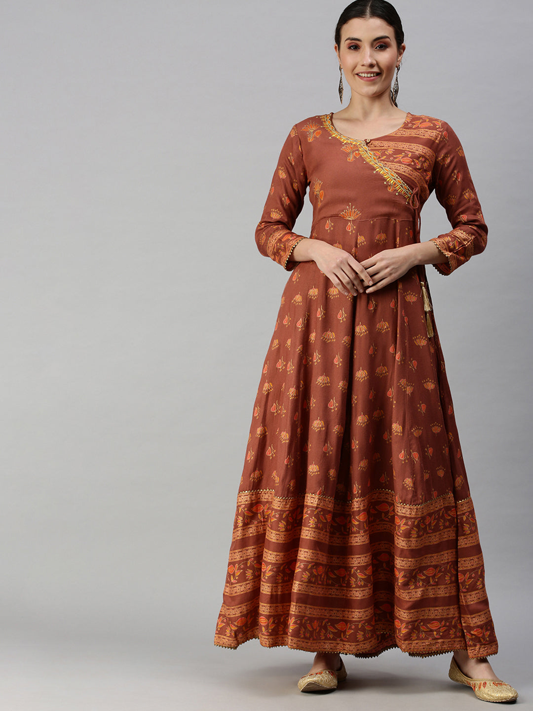 Women V-Neck Printed Rust Anarkali Kurta