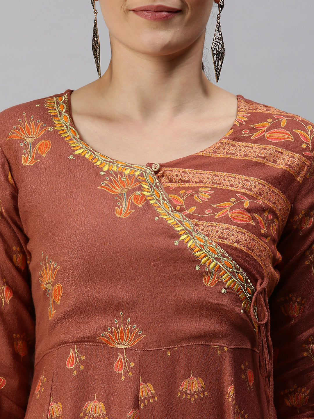 Women V-Neck Printed Rust Anarkali Kurta