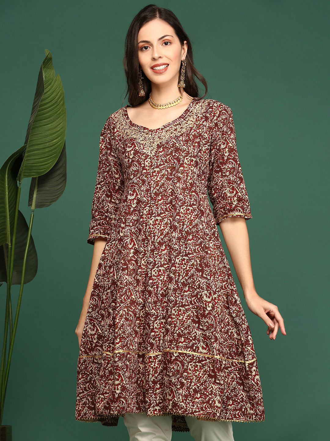 Women Printed Maroon A Line Kurti