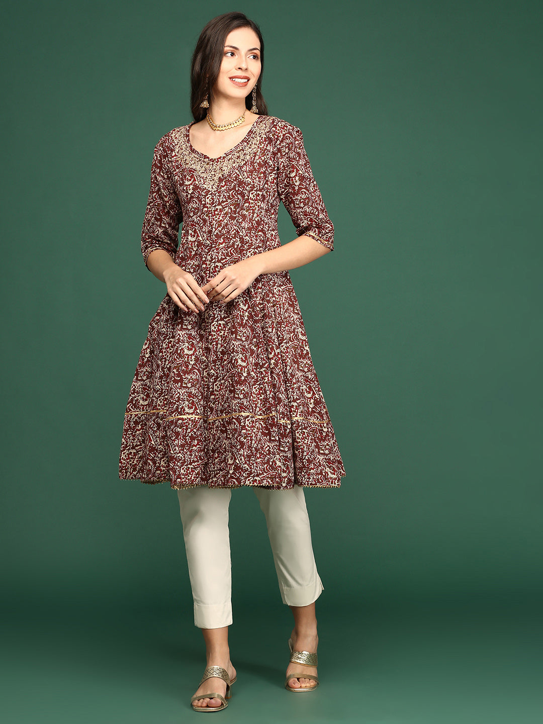 Women Printed Maroon A Line Kurti