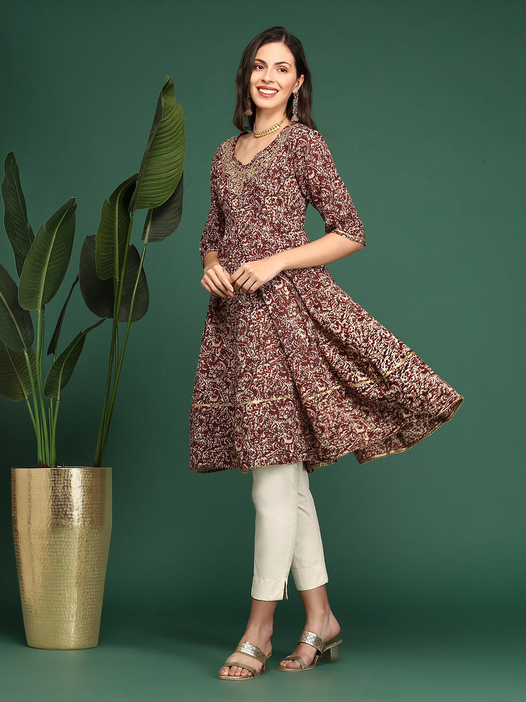 Women Printed Maroon A Line Kurti