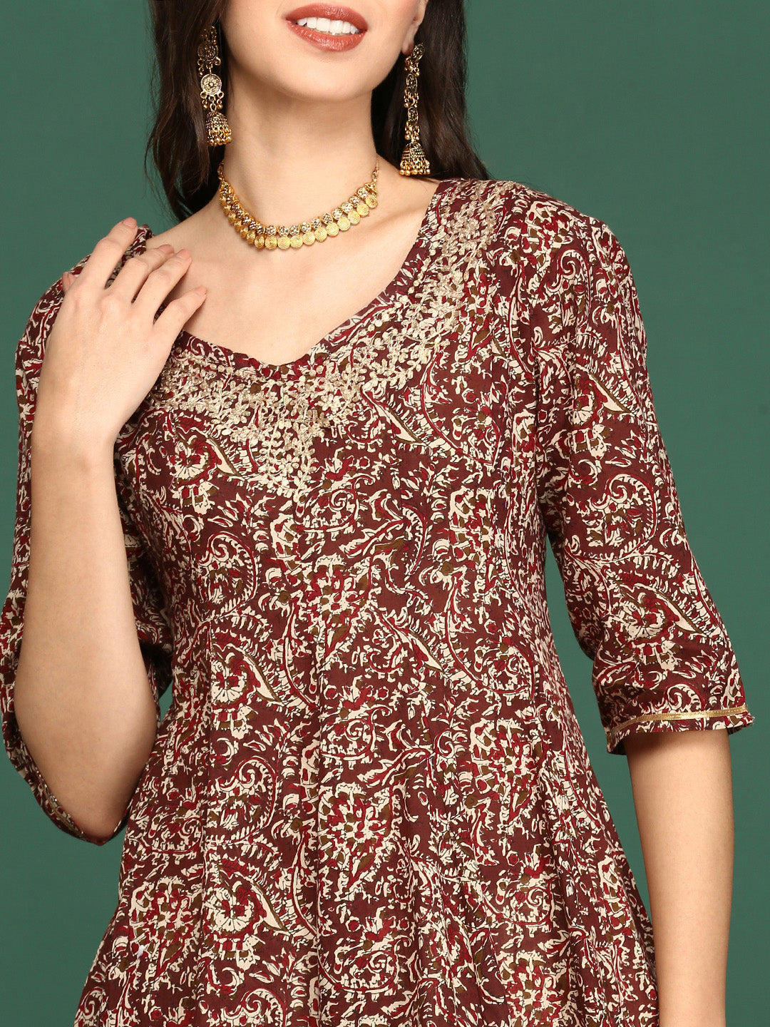 Women Printed Maroon A Line Kurti