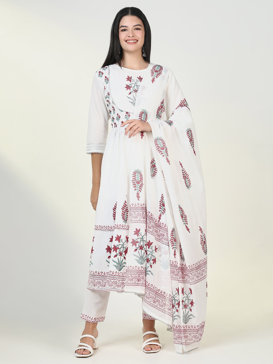 Women Graphic White Anarkali Kurta Set with Dupatta