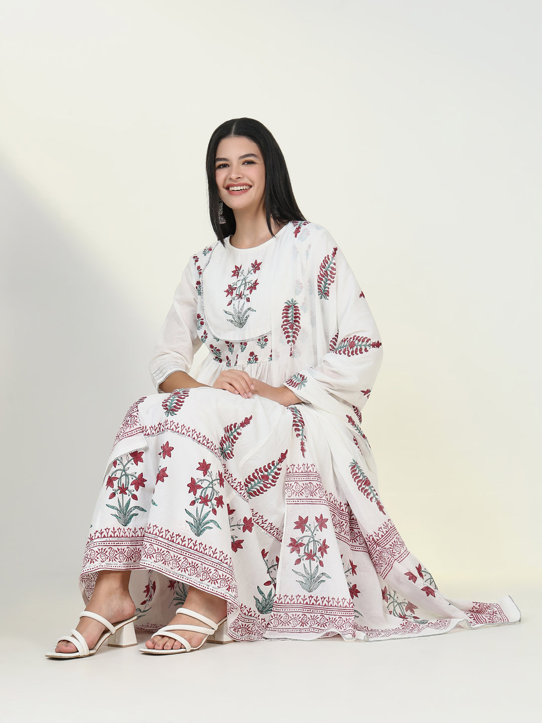 Women Graphic White Anarkali Kurta Set with Dupatta