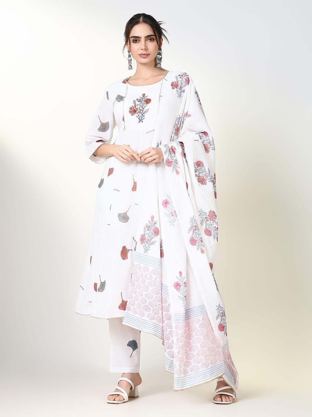 Women Floral White Straight Kurta Set with Dupatta