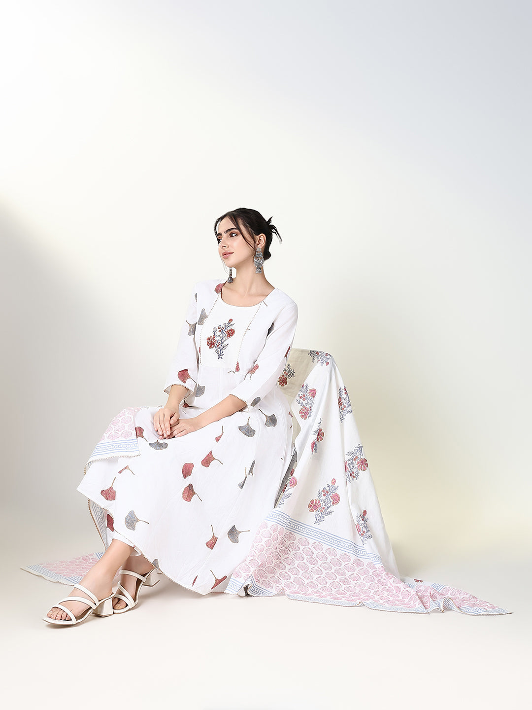 Women Floral White Straight Kurta Set with Dupatta