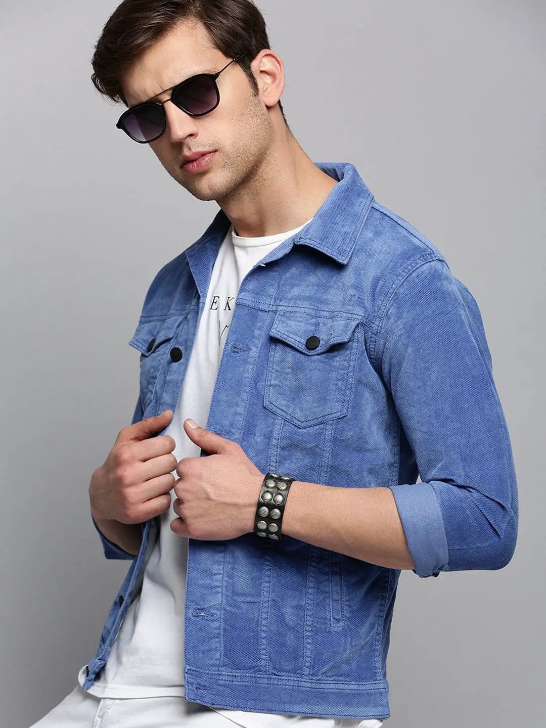 Men's Spread Collar Solid Blue Open Front Jacket