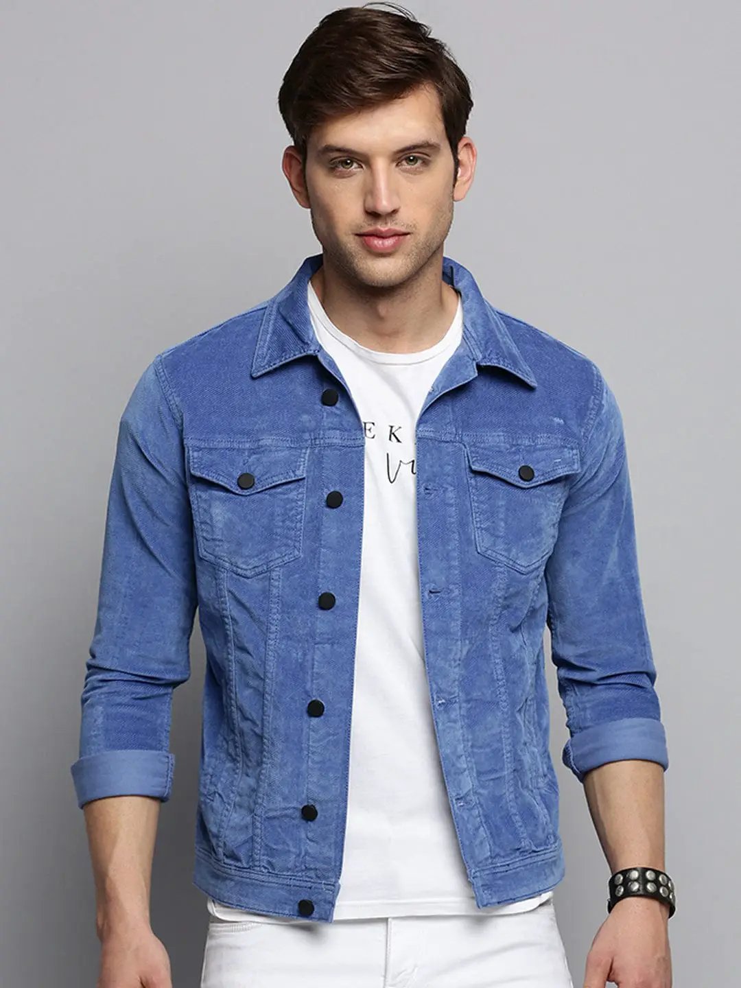 Men's Spread Collar Solid Blue Open Front Jacket