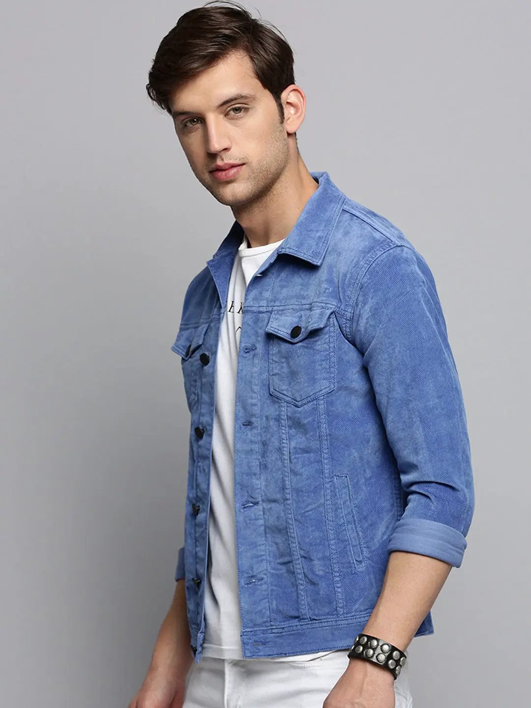 Men's Spread Collar Solid Blue Open Front Jacket