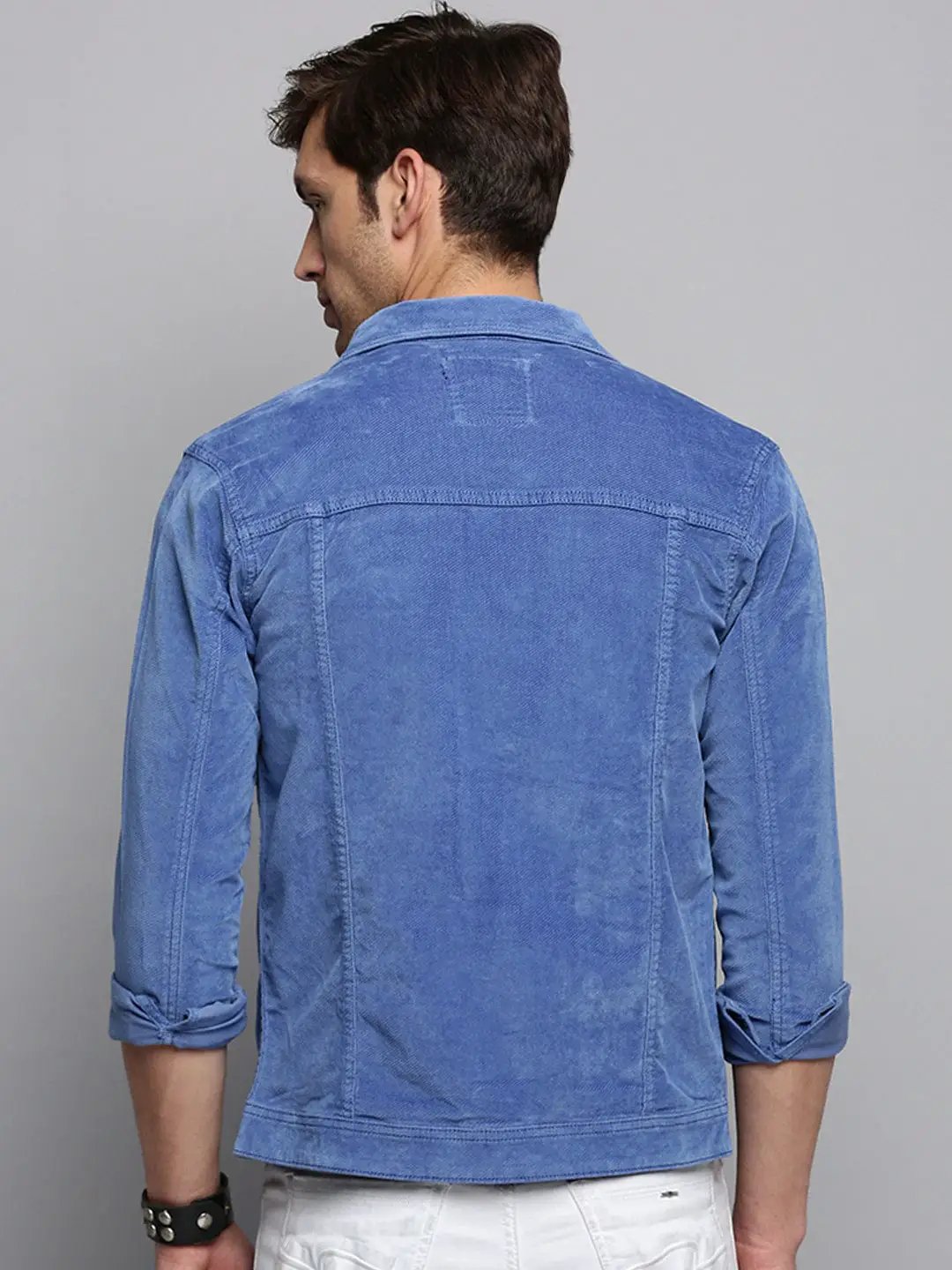 Men's Spread Collar Solid Blue Open Front Jacket