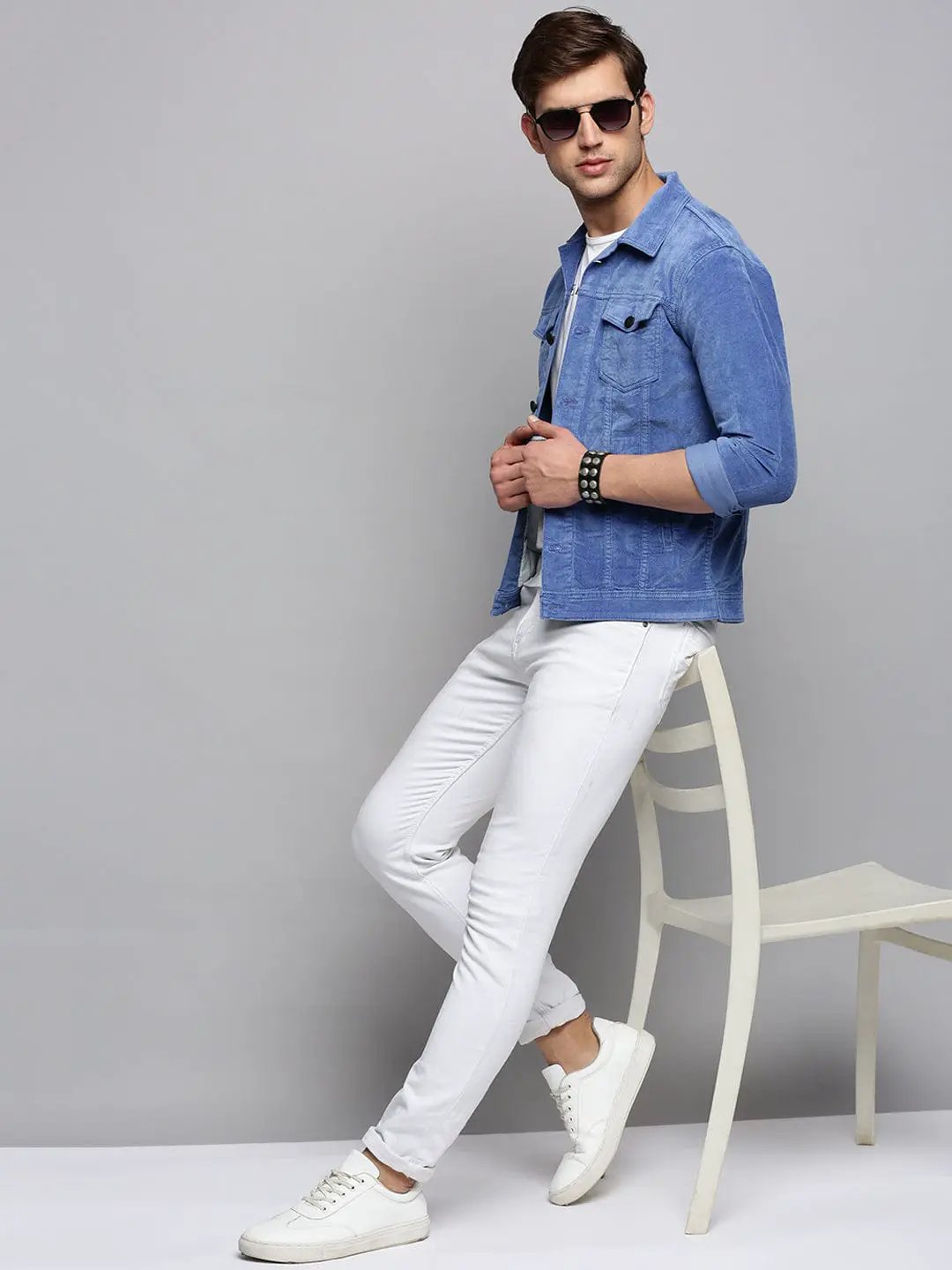 Men's Spread Collar Solid Blue Open Front Jacket