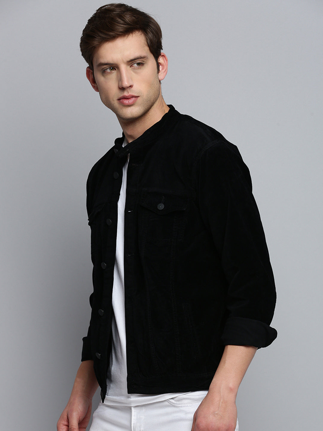 Men's Mandarin Collar Solid Black Open Front Jacket