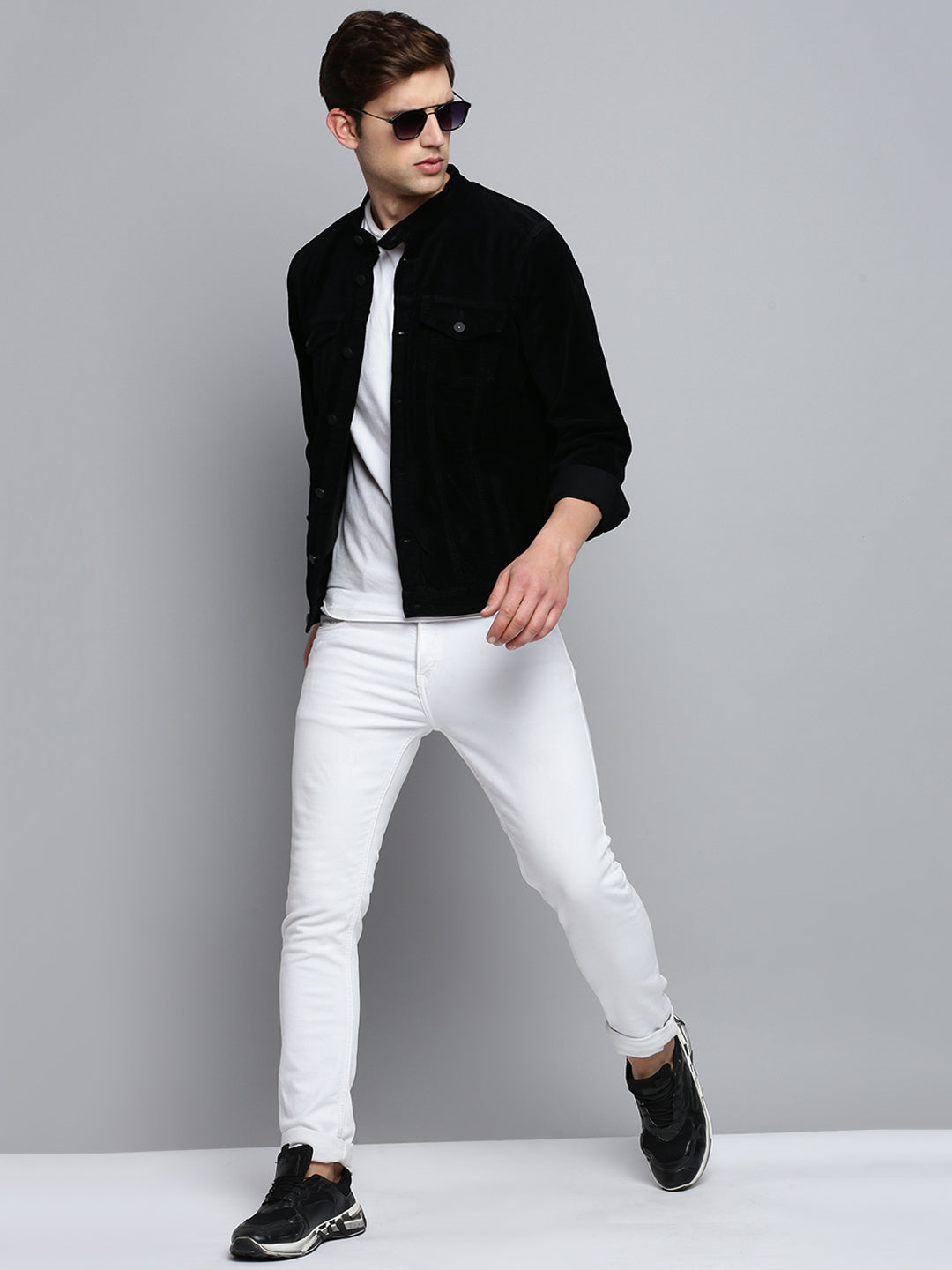 Men's Mandarin Collar Solid Black Open Front Jacket