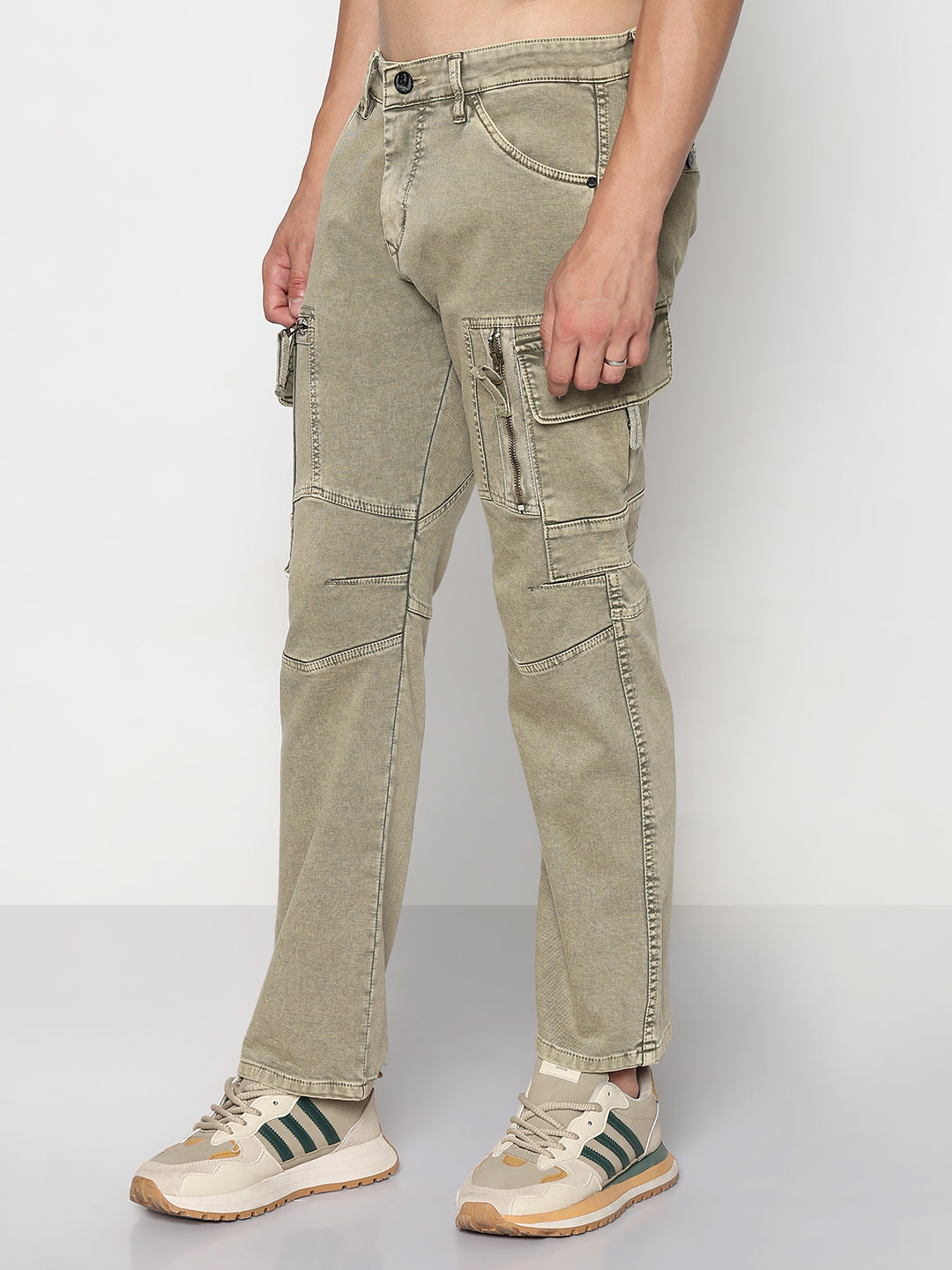 Men's Khaki Straight Fit Cargo Jeans with Zipper Detailing