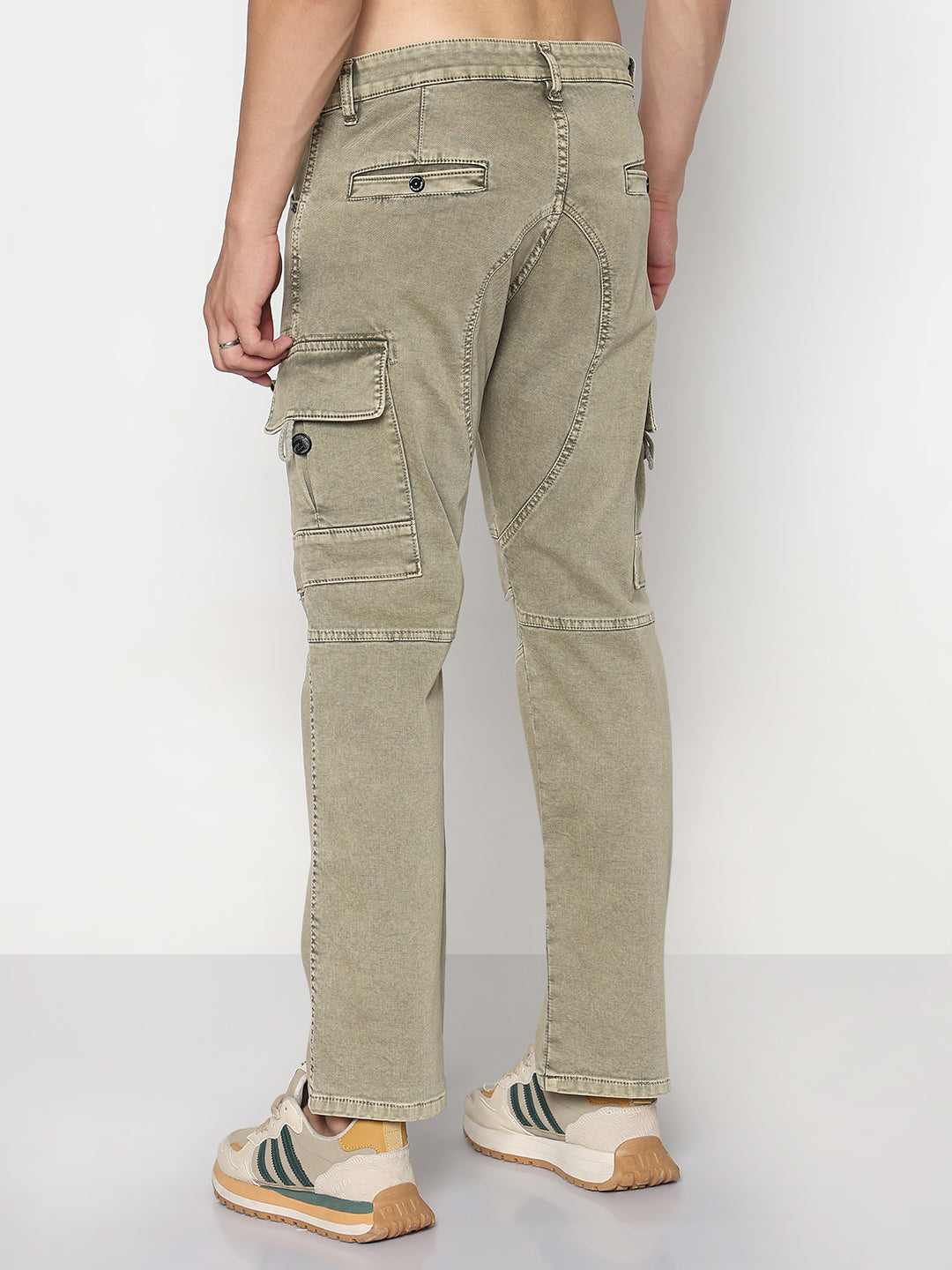 Men's Khaki Straight Fit Cargo Jeans with Zipper Detailing