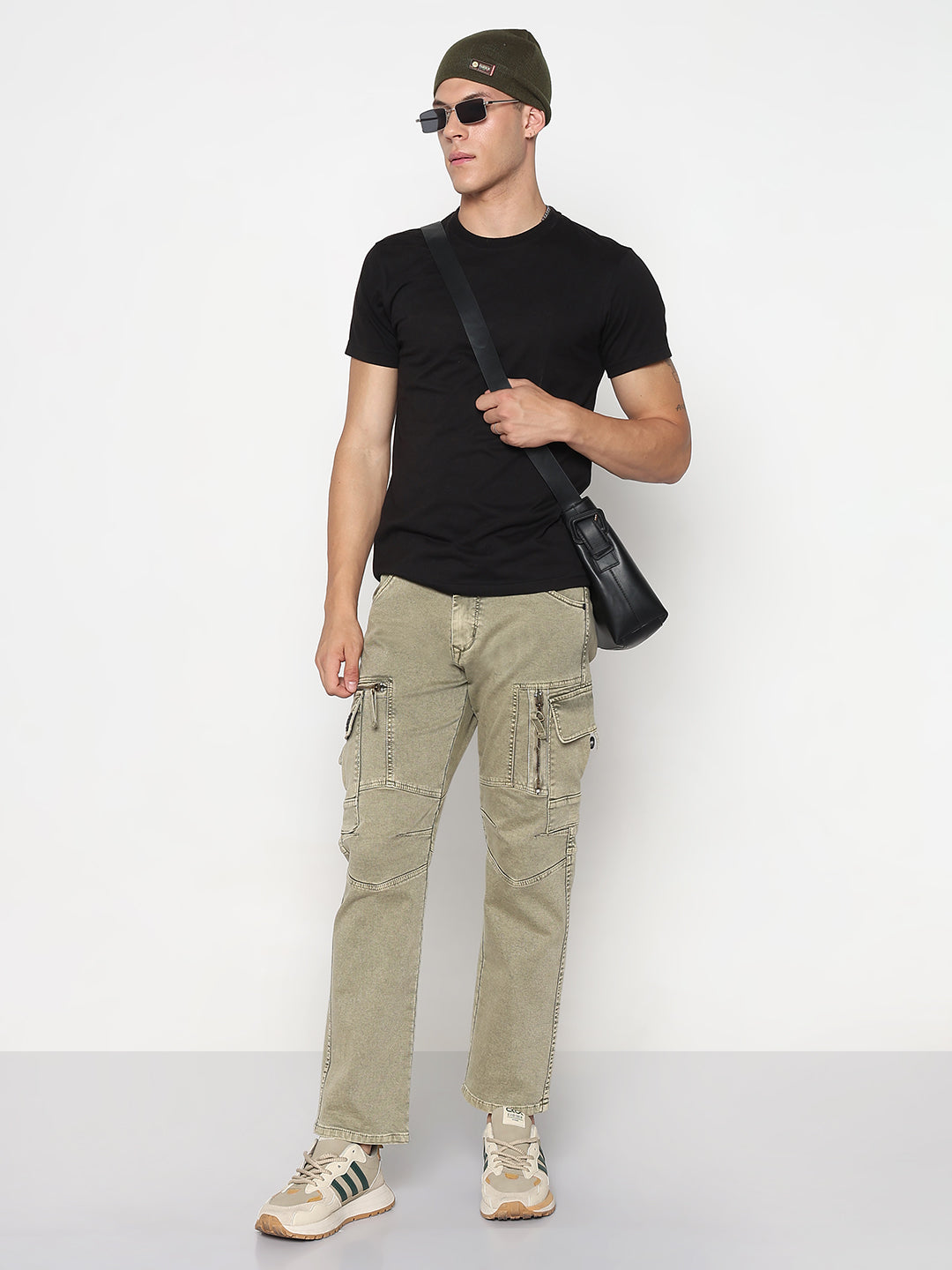 Men's Khaki Straight Fit Cargo Jeans with Zipper Detailing