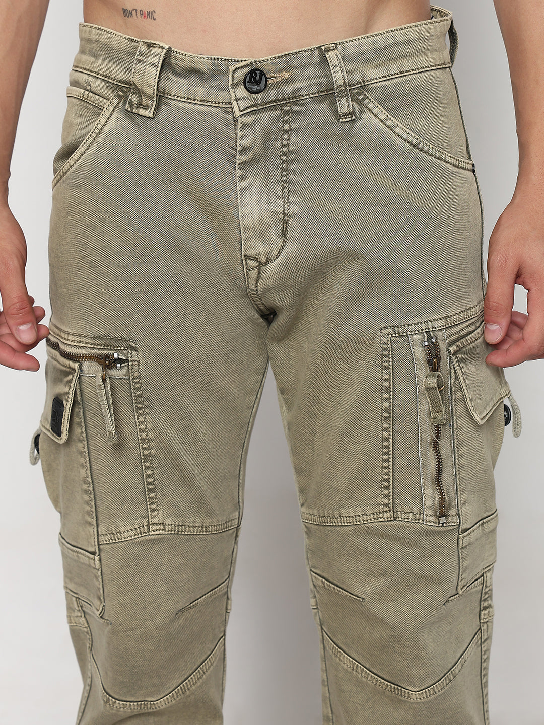 Men's Khaki Straight Fit Cargo Jeans with Zipper Detailing