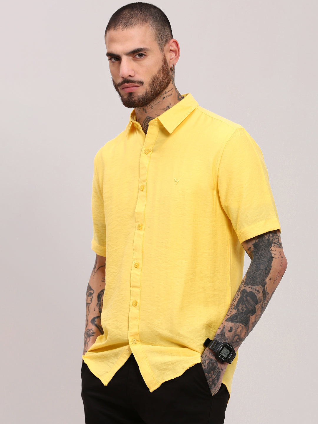 Men Yellow Solid Slim Fit Shirt