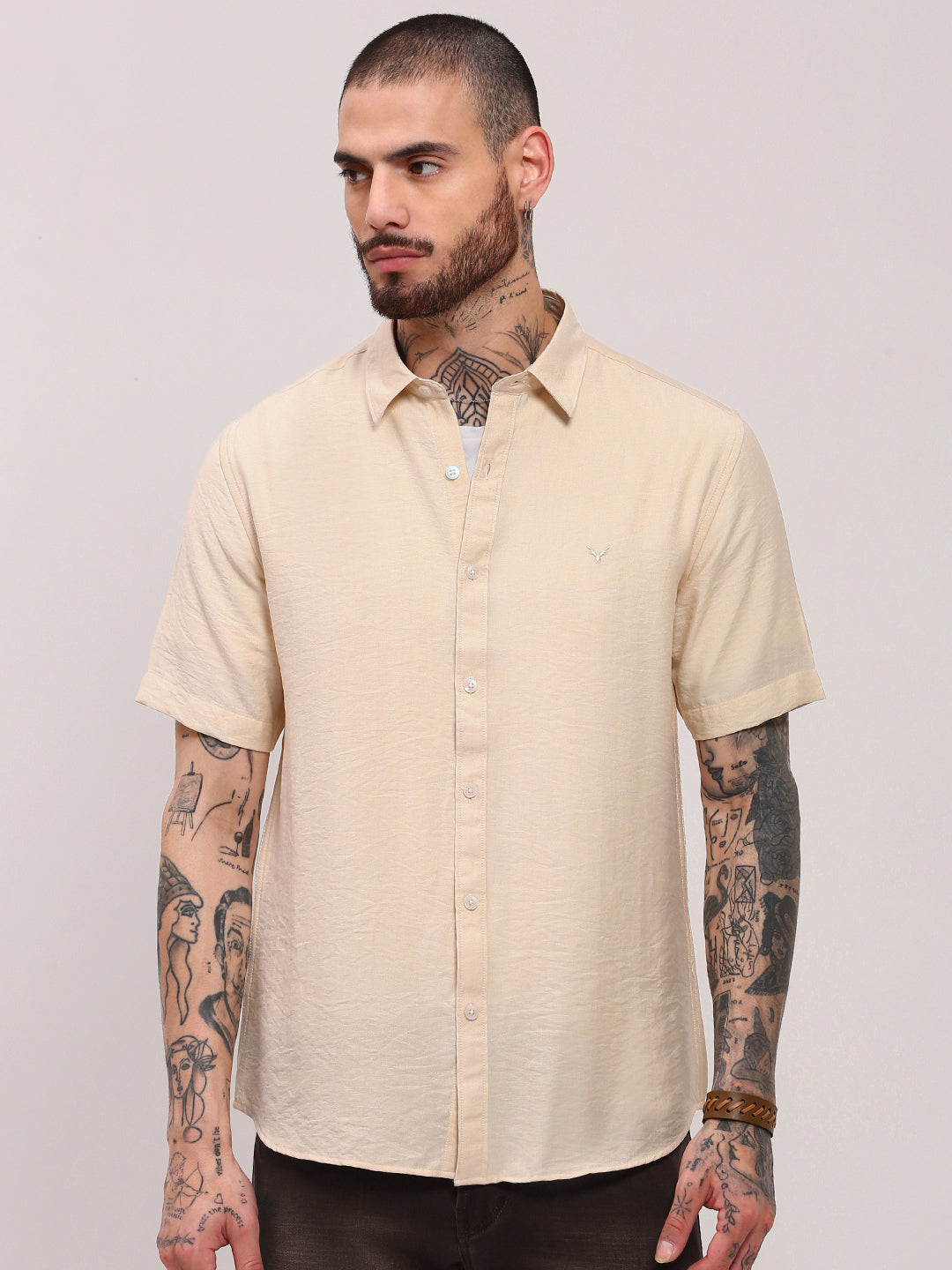 Men Cream Solid Slim Fit Shirt