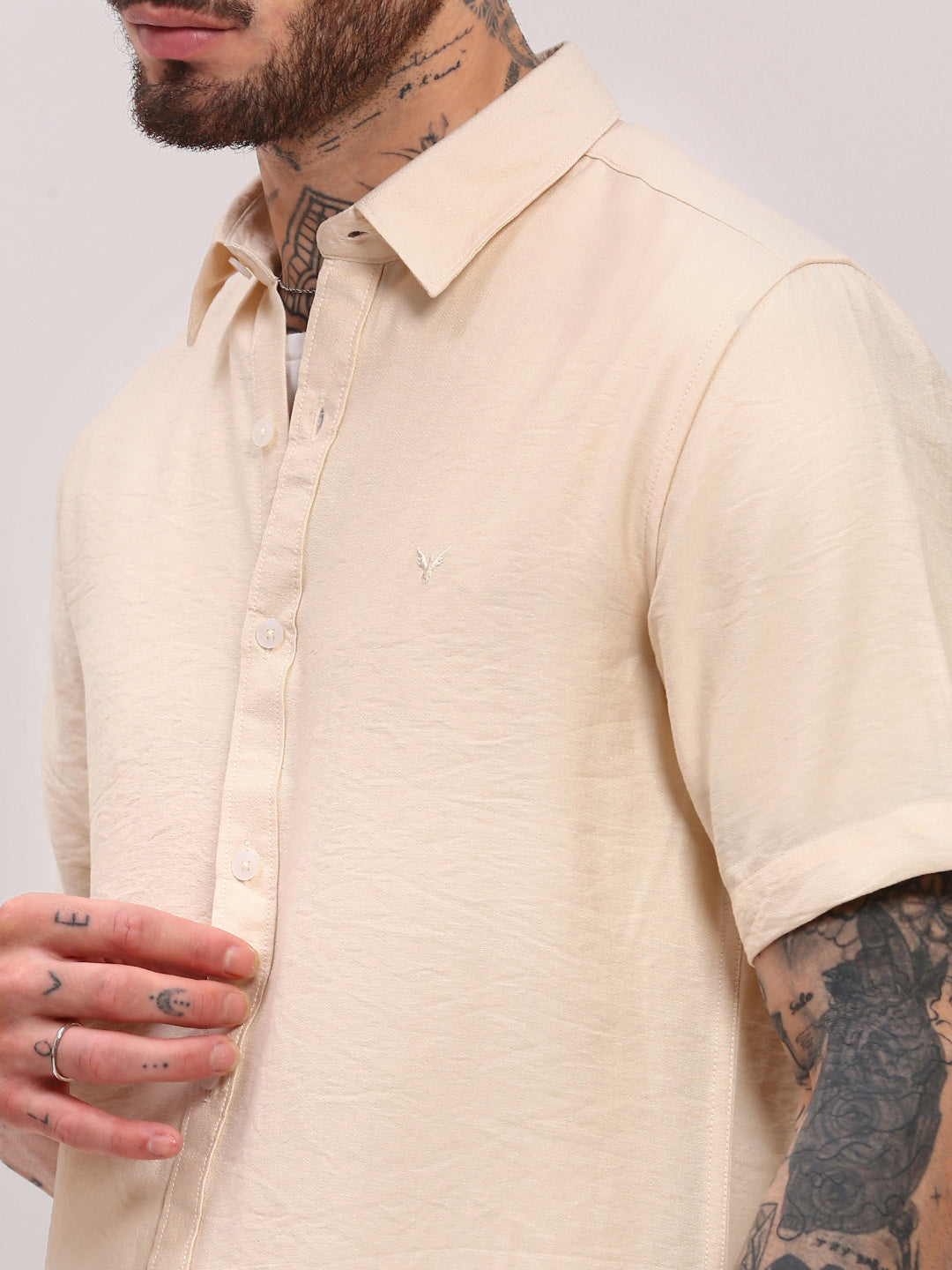 Men Cream Solid Slim Fit Shirt