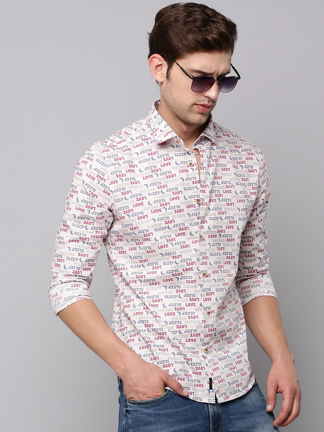 Men Spread Collar Printed Pink Shirt