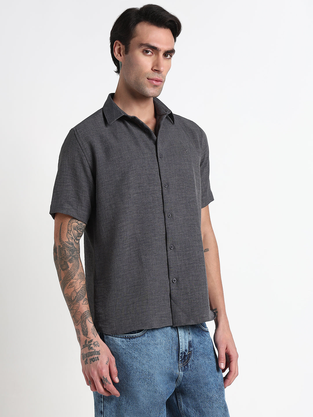 Men's Grey Solid Slim Fit Chambray Shirt