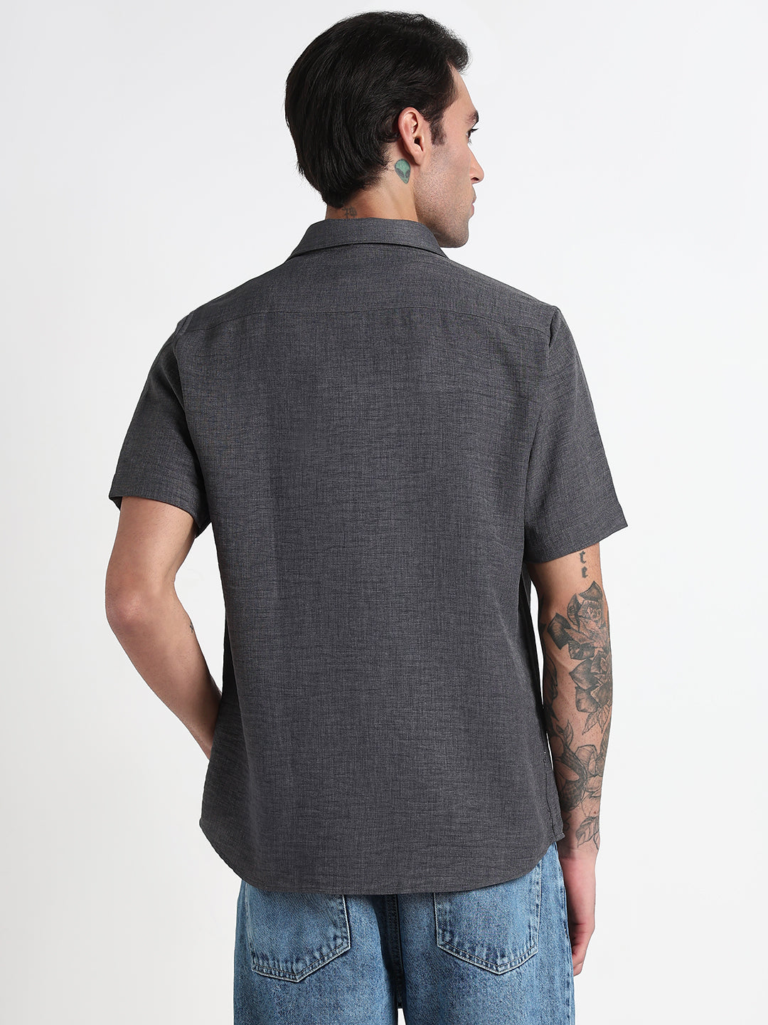 Men's Grey Solid Slim Fit Chambray Shirt
