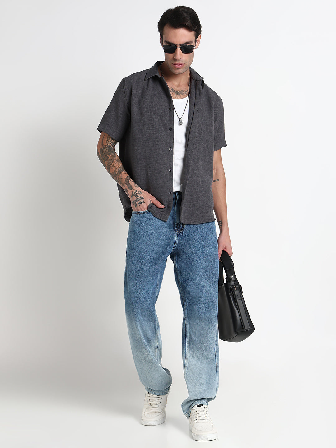 Men's Grey Solid Slim Fit Chambray Shirt