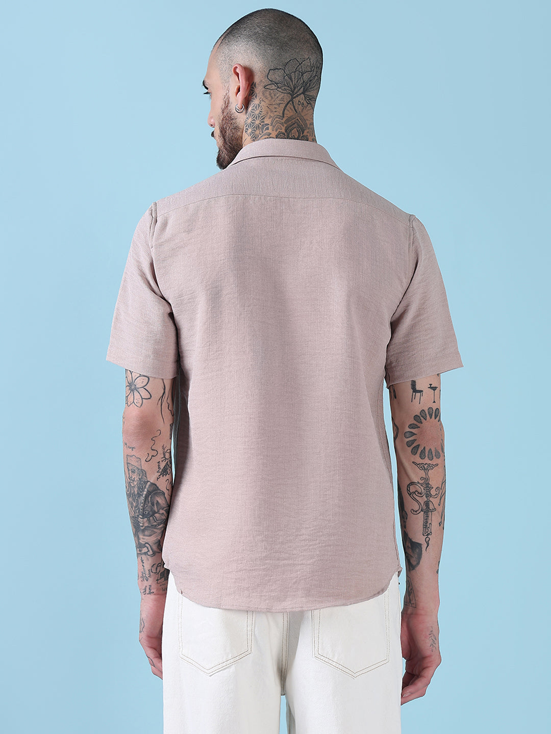 Men's Peach Solid Slim Fit Chambray Casual Shirt