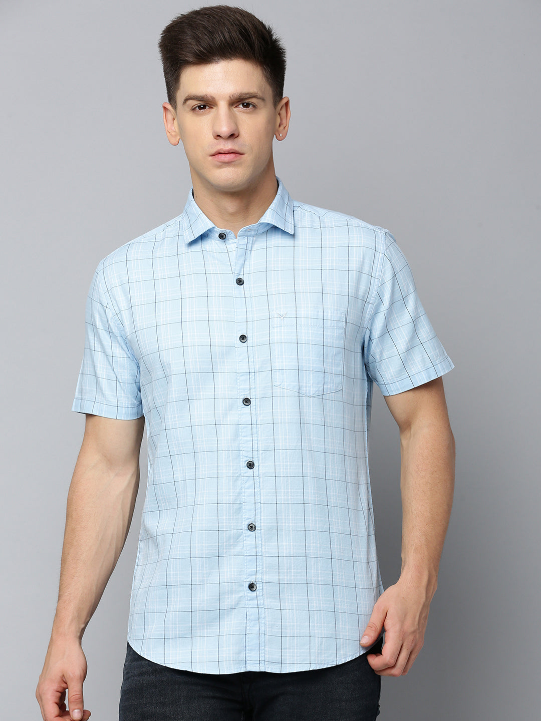 Men Spread Collar Checked Blue Shirt